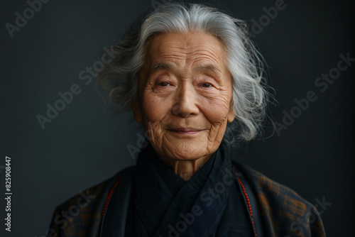 Asian old woman with white hair, in black scarf and check blazer against blank dark grey background © Spicy World