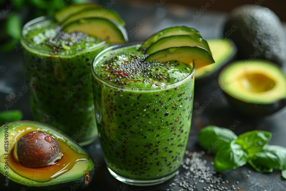 Avocado Smoothie - Pale green, garnished with avocado slices and a drizzle of honey. Avocado Smoothie - Pale green, garnished with avocado slices and a drizzle of honey.