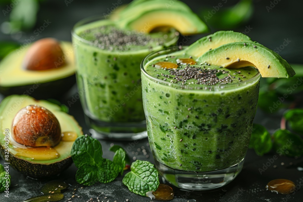 Avocado Smoothie - Pale green, garnished with avocado slices and a drizzle of honey. Avocado Smoothie - Pale green, garnished with avocado slices and a drizzle of honey.