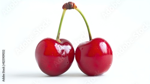 Two fresh ripe cherries on white background. Perfect for food blogs and healthy eating concepts. High-resolution image with bright colors. AI