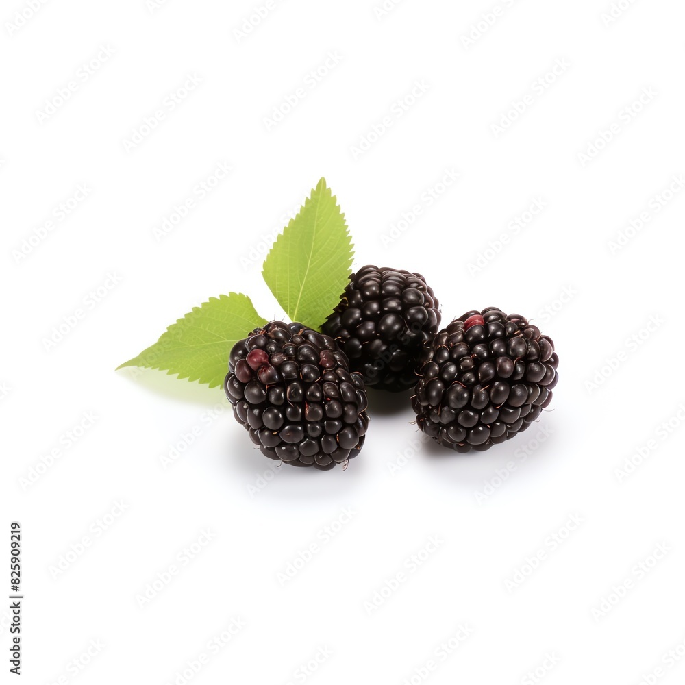 Close-up of fresh blackberries with green leaves on a white background. Perfect for food and nutrition themes. Close-up of fresh blackberries with green leaves on a white background. Perfect for food and nutrition themes.