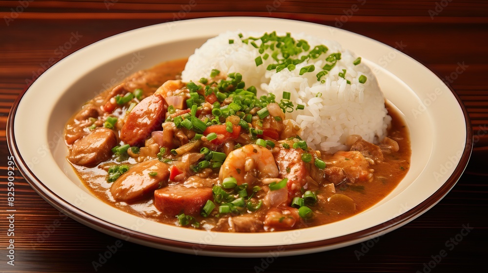 Illustration of a rich and flavorful gumbo sample, with a wooden plate and table in the background Illustration of a rich and flavorful gumbo sample, with a wooden plate and table in the background