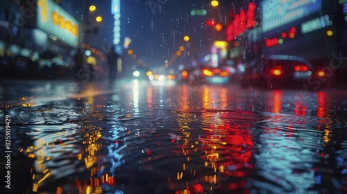 The wet city pavement glistened under the night scene with illuminated wet streets. photo