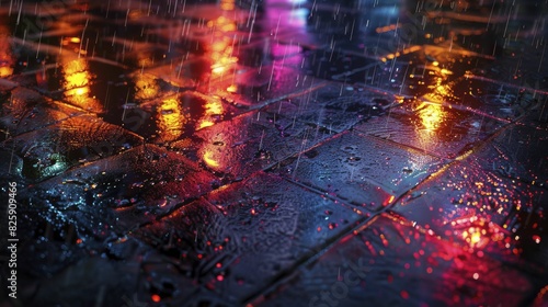 wet city pavement, night scene with illuminated wet streets