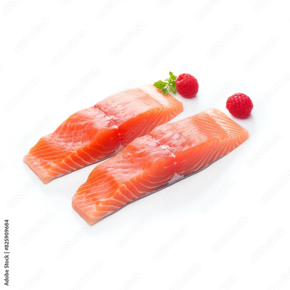 Two fresh salmon fillets with bright red raspberries on a white background, showcasing a healthy and vibrant food choice. Two fresh salmon fillets with bright red raspberries on a white background, showcasing a healthy and vibrant food choice.