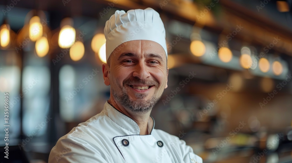 15w The chef, smiling, invites you to the restaurant. 15w The chef, smiling, invites you to the restaurant.