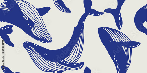 Seamless pattern with whales. Line art pattern for wallpaper, web page background, surface textures.
