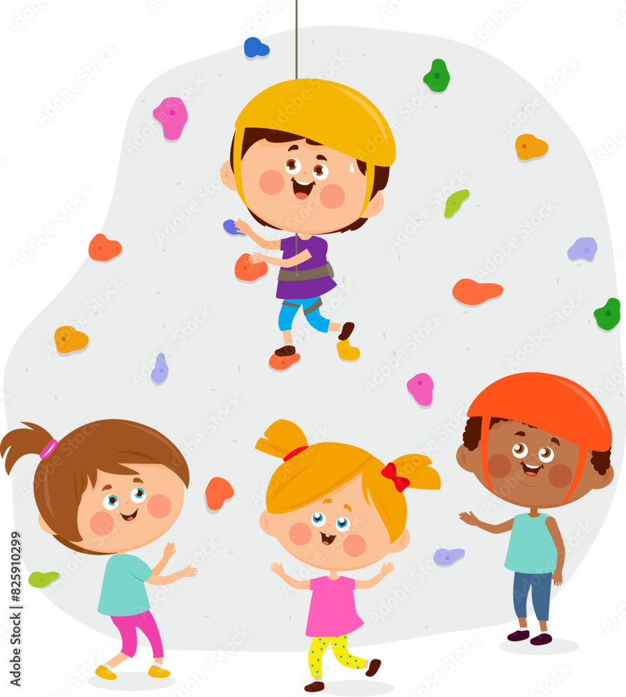 Children climbing bouldering rock wall at the sports training gym. Kids climbers with helmets and ropes climbing rock wall. Background with holds and climbing grips. Vector illustration Children climbing bouldering rock wall at the sports training gym. Kids climbers with helmets and ropes climbing rock wall. Background with holds and climbing grips. Vector illustration