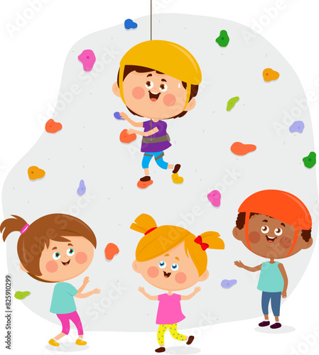 Children climbing bouldering rock wall at the sports training gym. Kids climbers with helmets and ropes climbing rock wall. Background with holds and climbing grips. Vector illustration