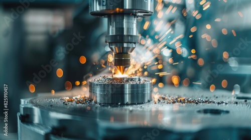 A dynamic shot capturing sparks flying as a CNC milling machine cuts through metal with precision, 