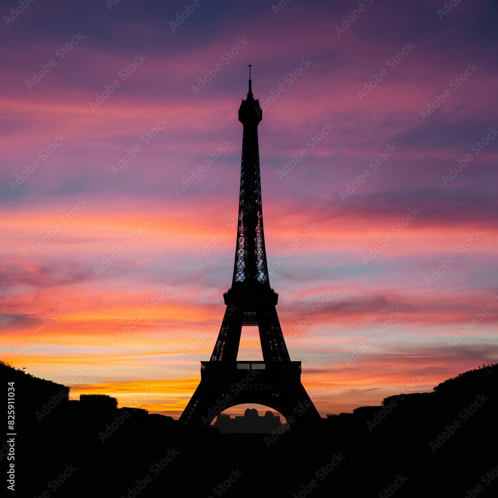 The Eiffel Tower stands majestically against the backdrop of a fiery sunset, its silhouette etched against the sky like a timeless symbol of romance.