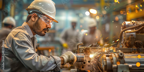 Indian male factory worker in safety glasses and a white hard hat is operating an industrial machine