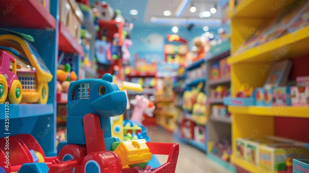 Children's educational toy store with colorful toys --ar 16:9 Job ID: cda71f81-98db-406d-80dd-03e718d982bc