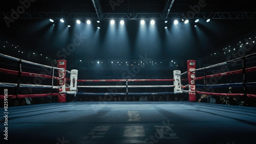 Boxing ring with red boxing gloves and smoke on the background