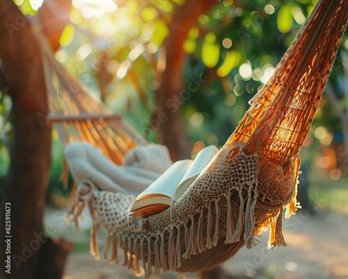 Cozy hammock with an open book in a serene garden setting, capturing a peaceful and relaxing outdoor reading experience.