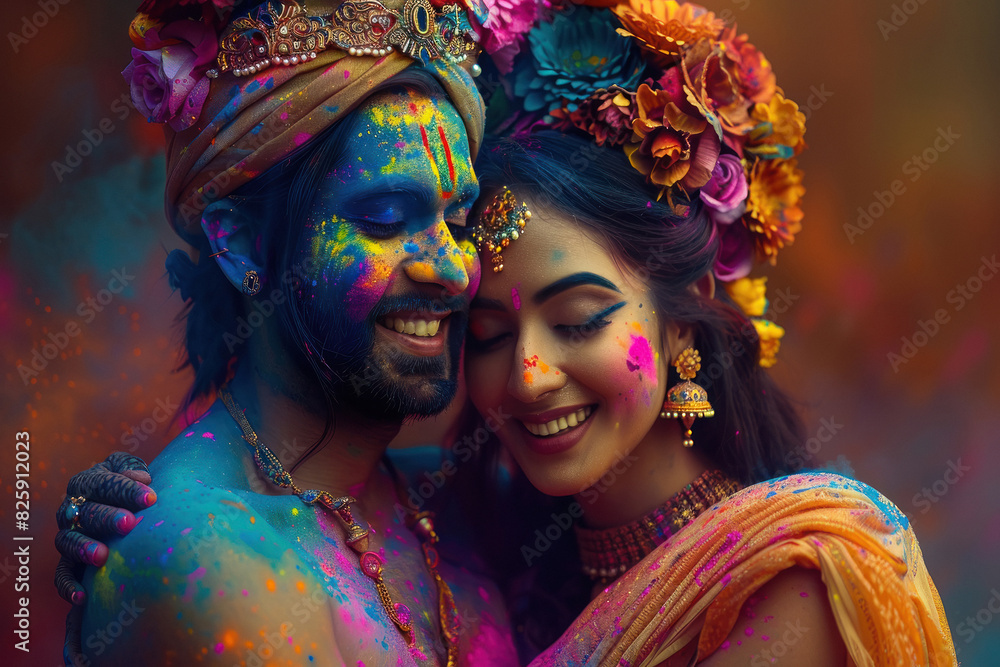 indian man and woman in Lord radha and krishna costume with colorful holi powder on their faces