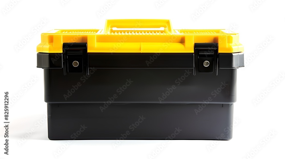 Sturdy yellow and black tool box on white background. Ideal for workshops and DIY projects. Easily portable storage solution. AI Sturdy yellow and black tool box on white background. Ideal for workshops and DIY projects. Easily portable storage solution. AI