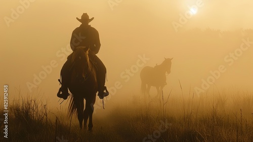 A stoic silhouette of a cowboy leading his trusty steed through the misty morning air.
