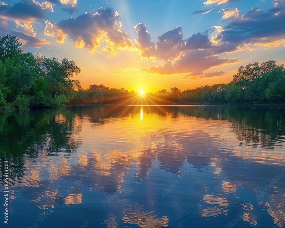 A serene sunset over a calm lake, with beautiful reflections of the colorful sky and surrounding trees in the water. A serene sunset over a calm lake, with beautiful reflections of the colorful sky and surrounding trees in the water.