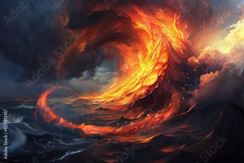 Geometric Waves of Fire Swirling by the Volcano.