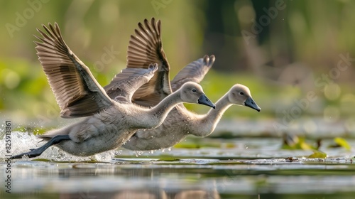 Young swans are initially born with gray feathers and black bills but their plumage transitions to brown over the initial half year before they gain the ability to take flight photo