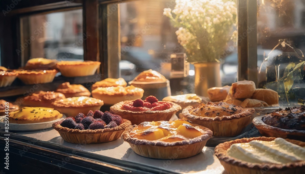 A variety of different pies in a display window for sale; delicious, gourmet pastries A variety of different pies in a display window for sale; delicious, gourmet pastries