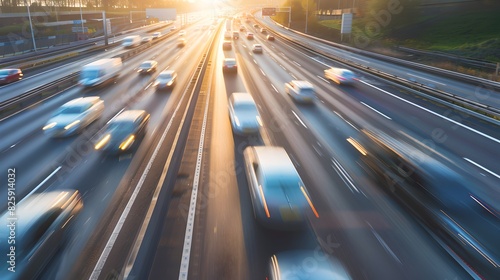 Busy highway during rush hour captured in motion blur, symbolizing speed and modern life. Traffic scene at sunset with vibrant colors. Perfect for transport and urban themes. AI photo
