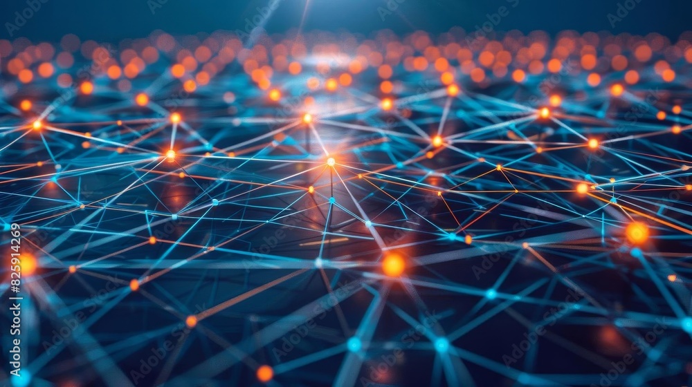 Futuristic glowing nodes and connecting lines network. Concept of internet, big data, artificial intelligence, and communication. Futuristic glowing nodes and connecting lines network. Concept of internet, big data, artificial intelligence, and communication.
