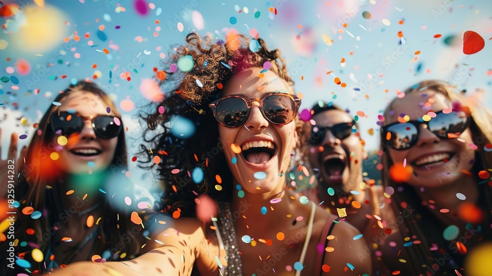 Group of friends celebrating with colorful confetti under the sun, capturing fun and joy of a party or festival with smiles and sunglasses. Group of friends celebrating with colorful confetti under the sun, capturing fun and joy of a party or festival with smiles and sunglasses.