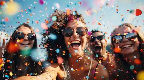Group of friends celebrating with colorful confetti under the sun, capturing fun and joy of a party or festival with smiles and sunglasses. © LittleDreamStocks