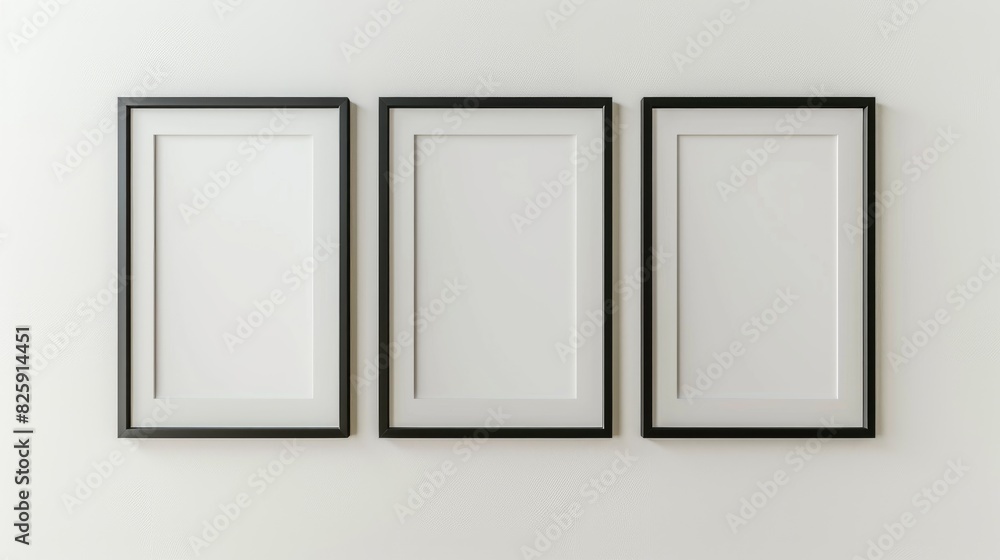 13w mockup with three small picture frames side by side on a white wall, close up, bright 13w mockup with three small picture frames side by side on a white wall, close up, bright