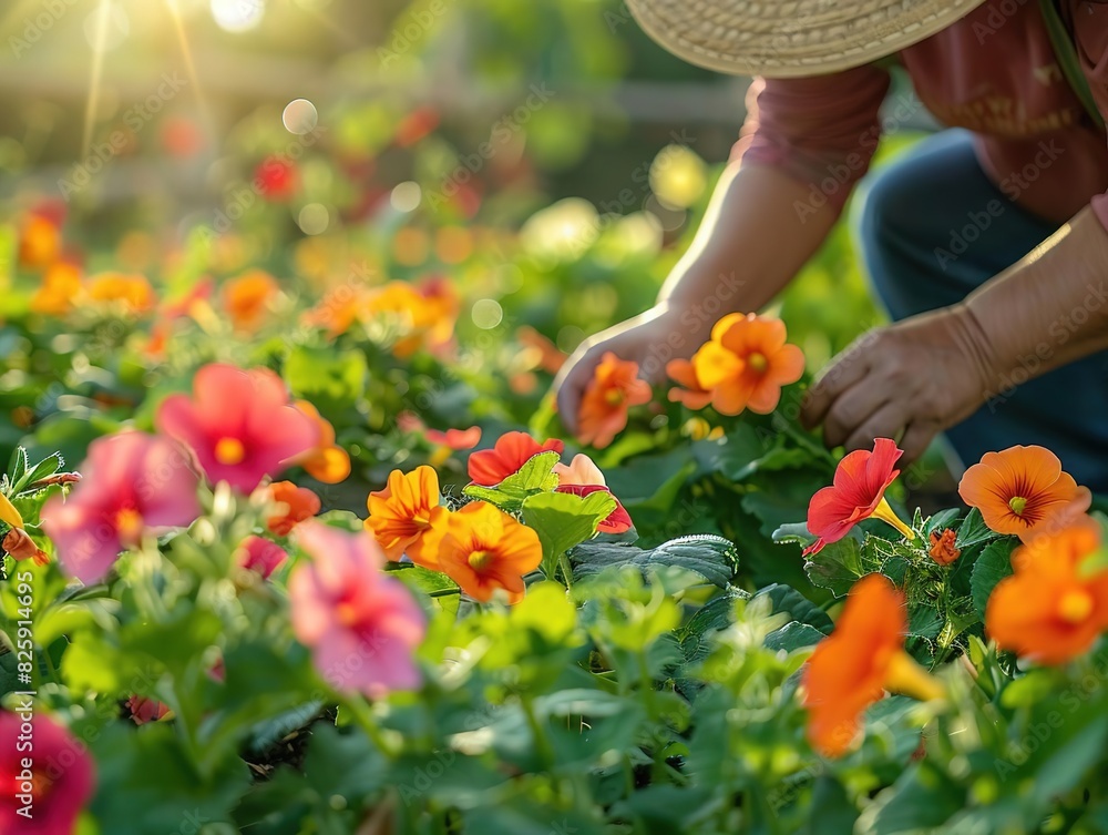 Gardener tending to vibrant flowers in a sunlit garden, focusing on blooming plants and green foliage under a warm sunlight.