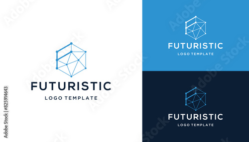 Modern Initial Letter F with Futuristic Network Hexagon Digital Wire Line dots Logo Design