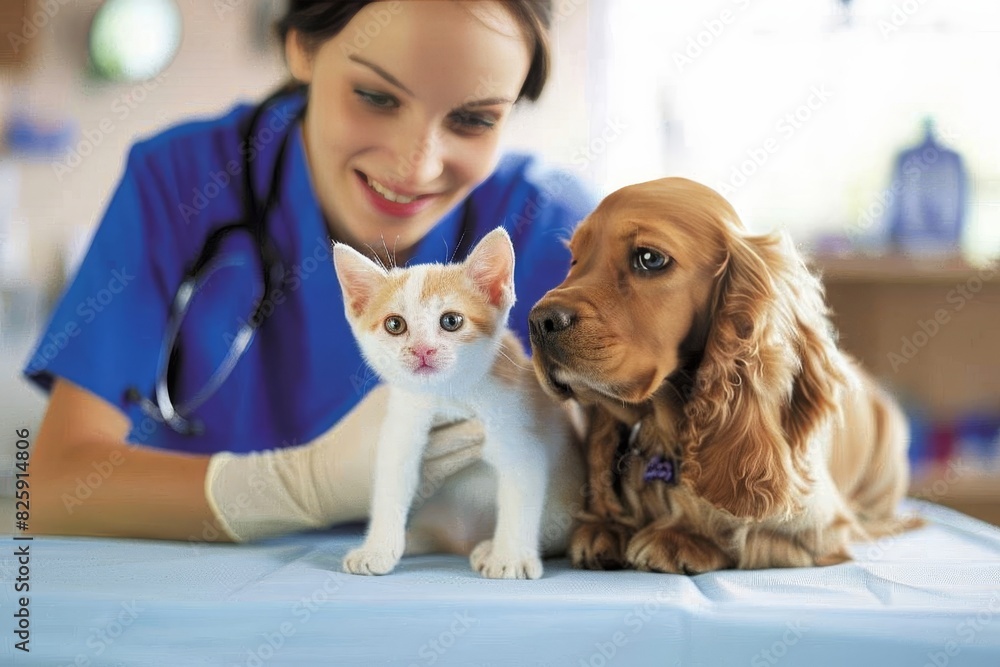 A smiling veterinarian holds a dog and a fluffy cat, showcasing a friendly and professional demeanor. The background is a clean, clinical setting, emphasizing the care and attention given to the pets. A smiling veterinarian holds a dog and a fluffy cat, showcasing a friendly and professional demeanor. The background is a clean, clinical setting, emphasizing the care and attention given to the pets.