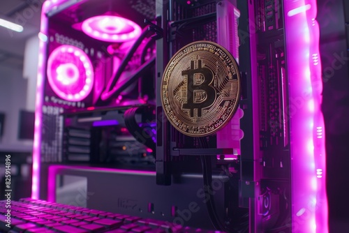 Bitcoin is a cryptocurrency coin on the background of computer wires with neon light.