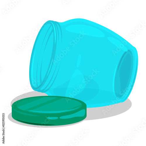 Glass jar for canning and food storage. Empty upside down lying on its side. Cartoon vector isolated on white background