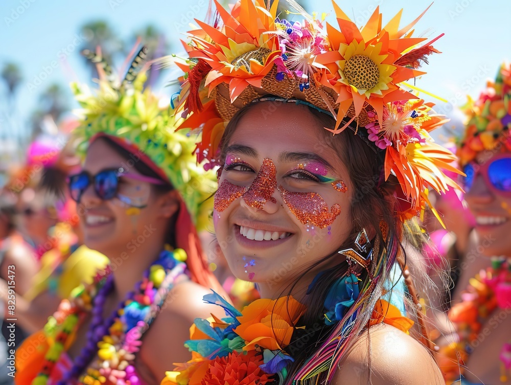 Smiling women in colorful festive attire with floral headpieces at an outdoor celebration in bright sunny weather.