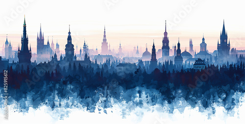 Silhouette of the city skyline, with Gothic architecture featuring simple shaped towers and towers in black on a white background
