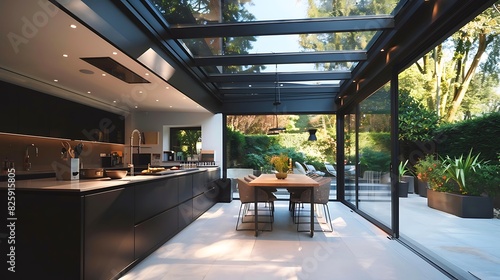 An open kitchen with a retractable glass roof  allowing natural light to flood in during the day and stargazing at night