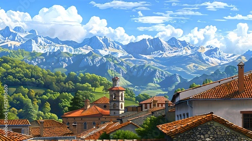 Idyllic mountain village in summer with lush greenery and snowy peaks. Perfect for travel and nature themes. European charm and tranquility captured. AI