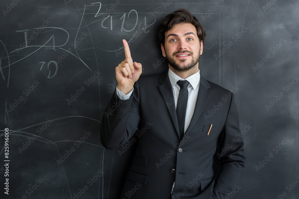 Businessman Pointing at Blackboard. Generative AI Businessman Pointing at Blackboard. Generative AI