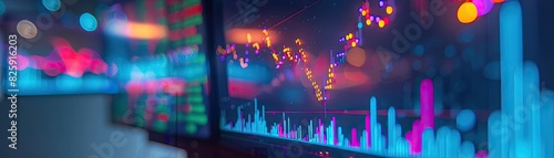 Closeup of financial data on multiple screens showing stock market analysis and trading trends in a dynamic business environment.