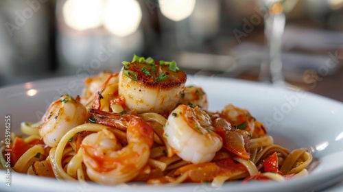 Elegant seafood pasta with shrimp and scallops --ar 16:9 Job ID: 782e6300-161a-4991-b1e8-c63ad8bd6548