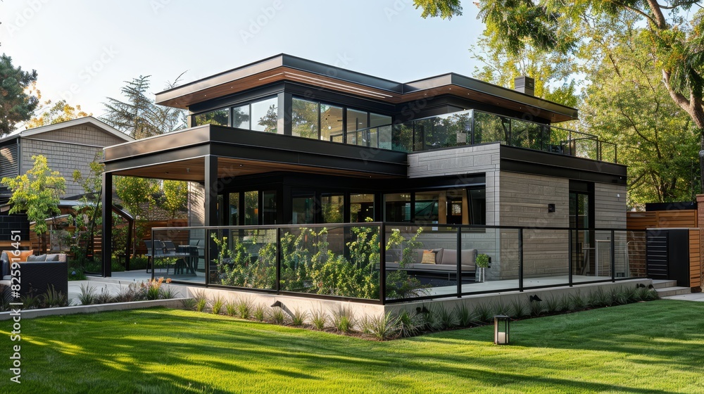 Modern metal and glass fence to enclose the backyard of a contemporary home Modern metal and glass fence to enclose the backyard of a contemporary home