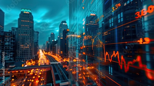 Cityscape at night with stock market data overlay, representing financial growth and urban development