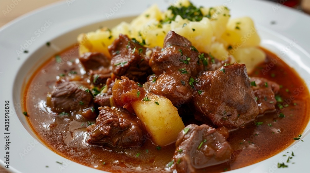 Traditional beef goulash with sauce and potatoes, Austrian cuisine