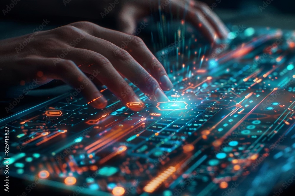 Futuristic image of hands typing on a glowing virtual keyboard, representing advanced technology, innovation, and digital interface. Futuristic image of hands typing on a glowing virtual keyboard, representing advanced technology, innovation, and digital interface.