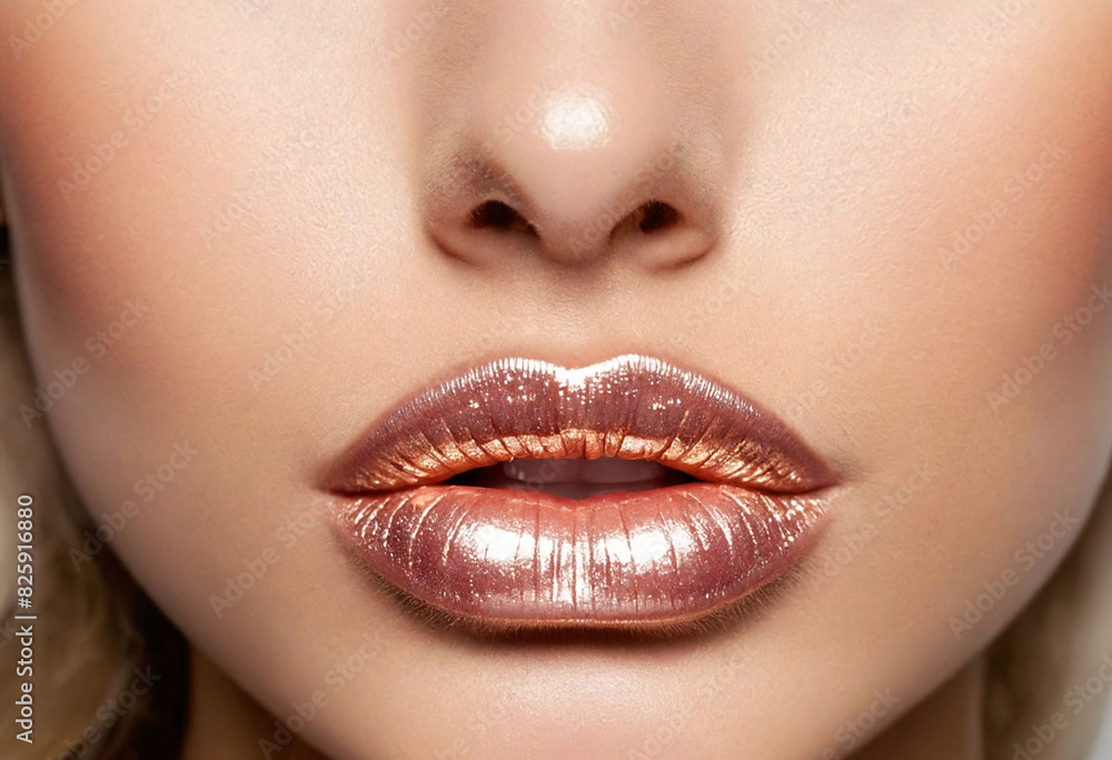 Obraz premium Close-up of glossy, shimmering lips with a soft light highlighting their smooth texture