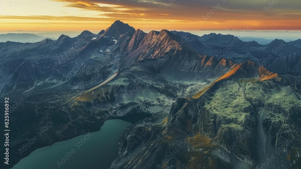 Spectacular aerial view of mountain range at sunset with dramatic sky and serene lake in the valley.