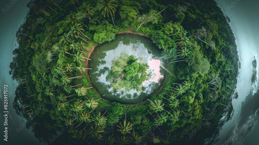 Aerial panoramic view of a lush tropical rainforest encircling a serene ...